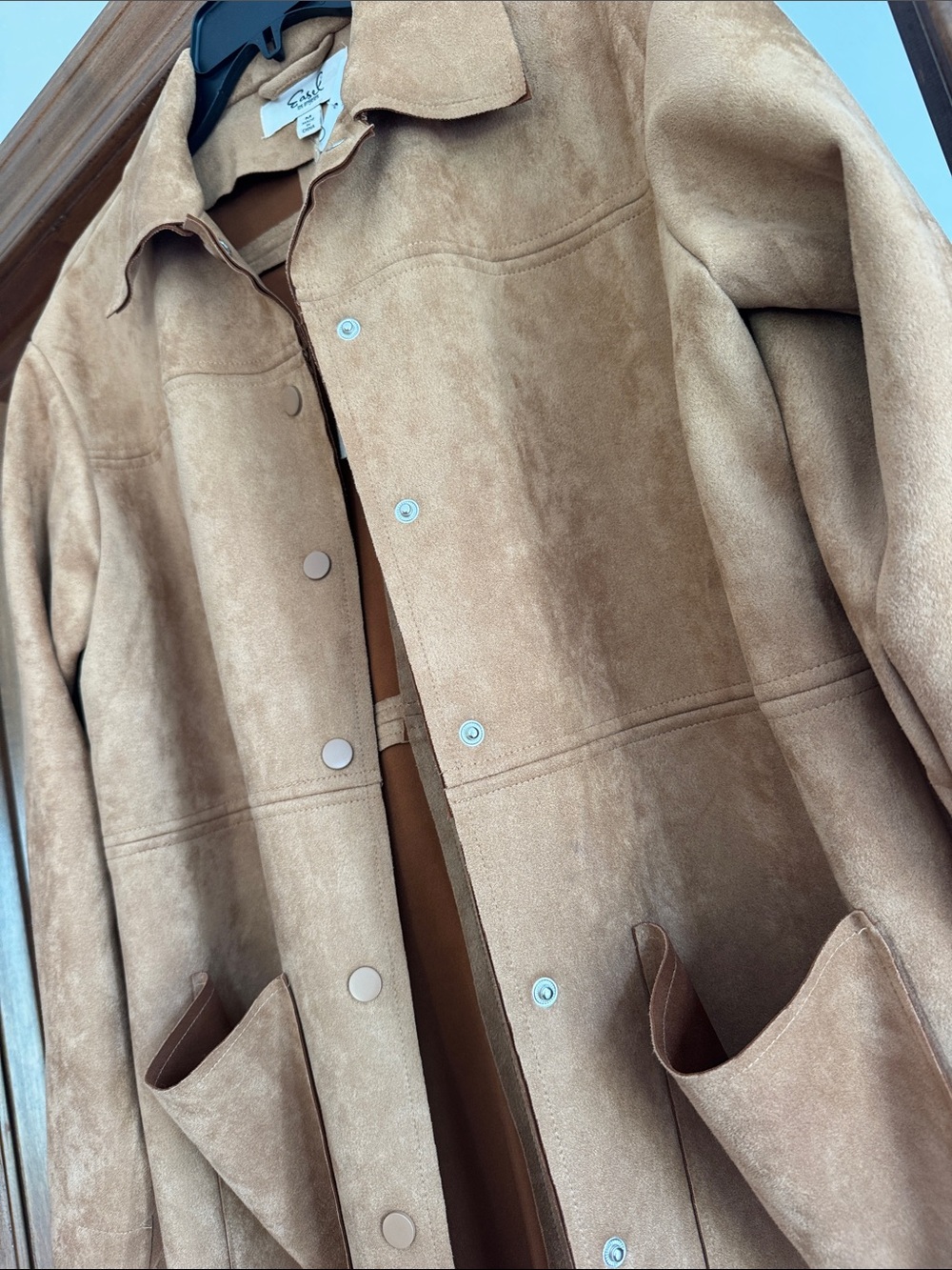 Women's Faux Suede Long Trench Coat - Tan - Picture 3 of 3